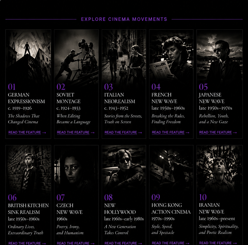 DARKWAVE Magazine Cinema Movements guide featuring German Expressionism, Soviet Montage, Italian Neorealism, French New Wave, Japanese New Wave and other influential film movements.