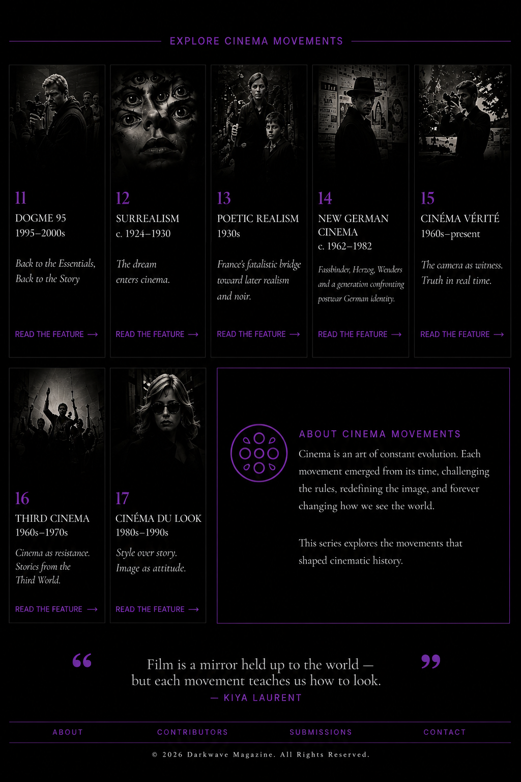 DARKWAVE Magazine Cinema Movements featuring Dogme 95, Surrealism, Poetic Realism, New German Cinema, Cinéma Vérité, Third Cinema and Cinéma du Look.