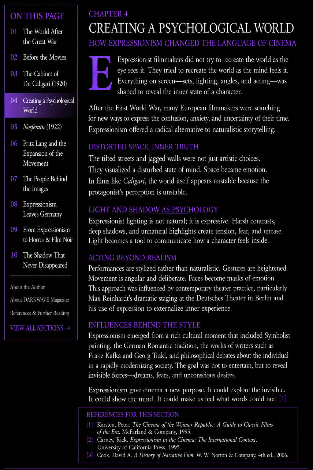 German Expressionism Chapter 4 exploring how distorted sets, stylized lighting, performance, and visual design transformed psychological states into cinematic images.