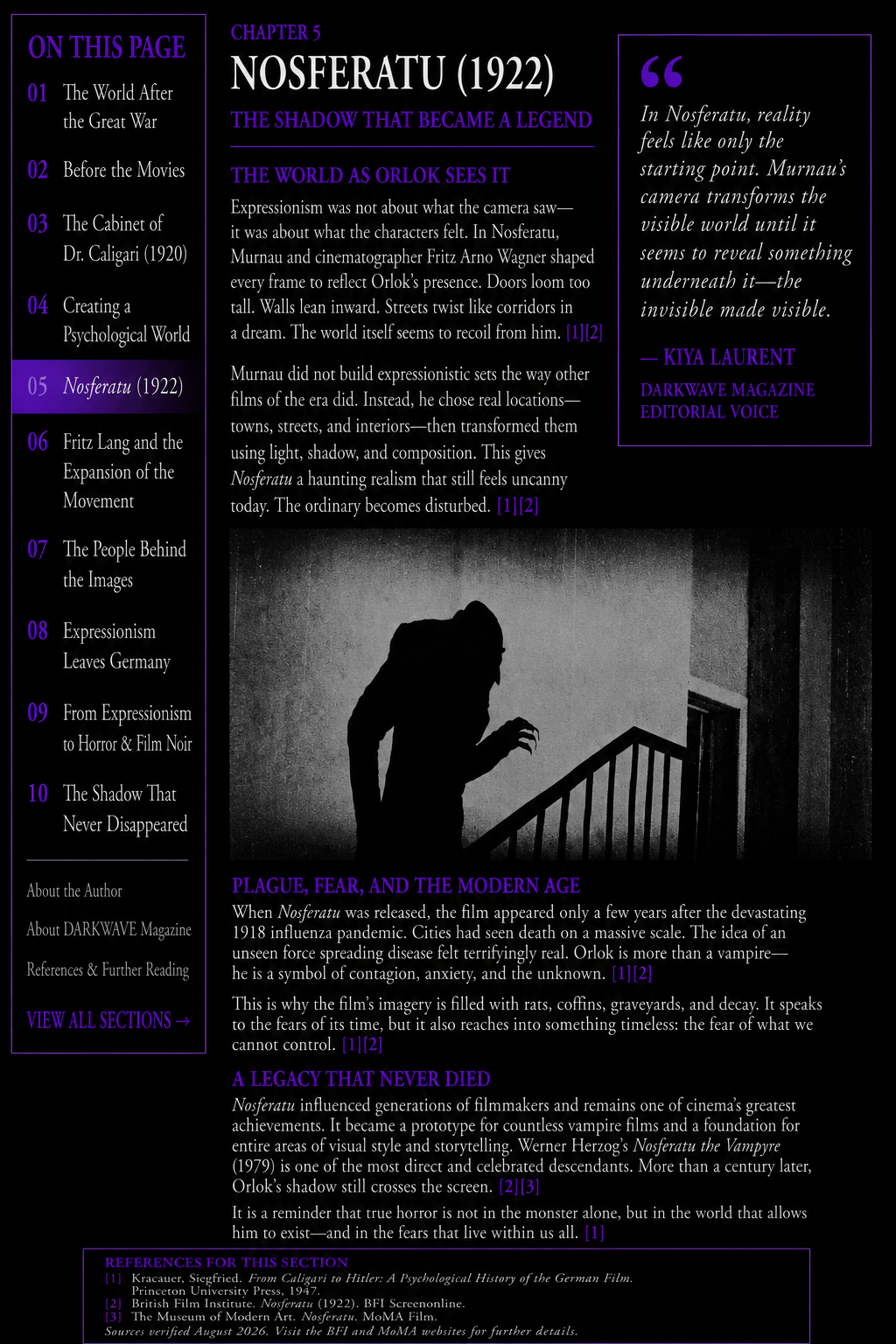 Count Orlok’s staircase shadow in Nosferatu (1922), featured in DARKWAVE Magazine’s German Expressionism Cinema Movements article.