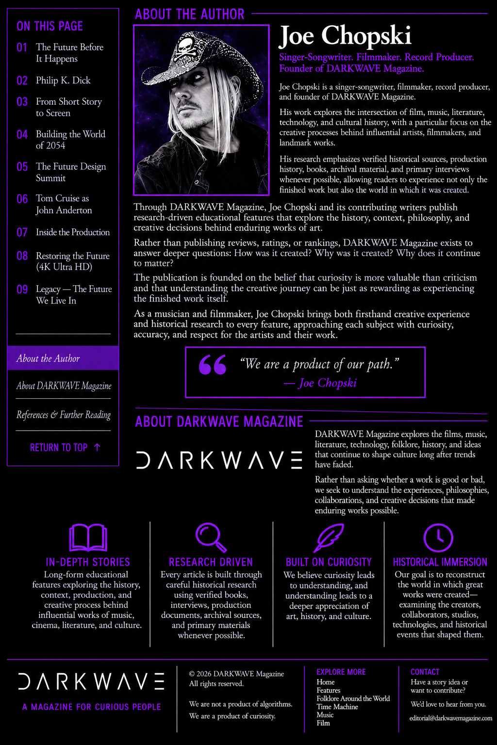 About the author page for Joe Chopski in DARKWAVE Magazine’s Steven Spielberg: Minority Report feature, including the publication’s editorial mission and research philosophy.