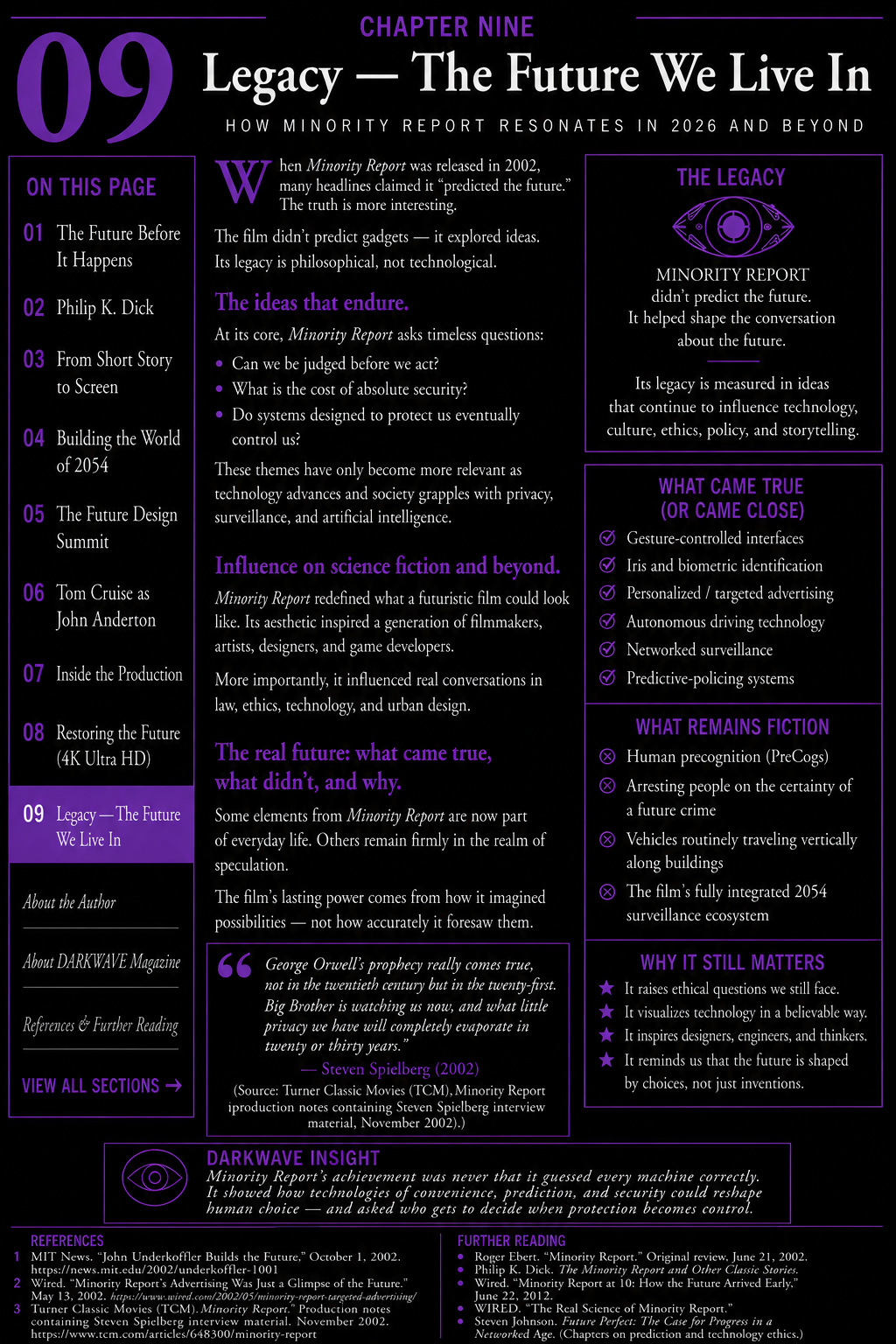Steven Spielberg Minority Report Chapter 9 infographic exploring the film’s legacy, privacy, surveillance, artificial intelligence, and technology ethics.