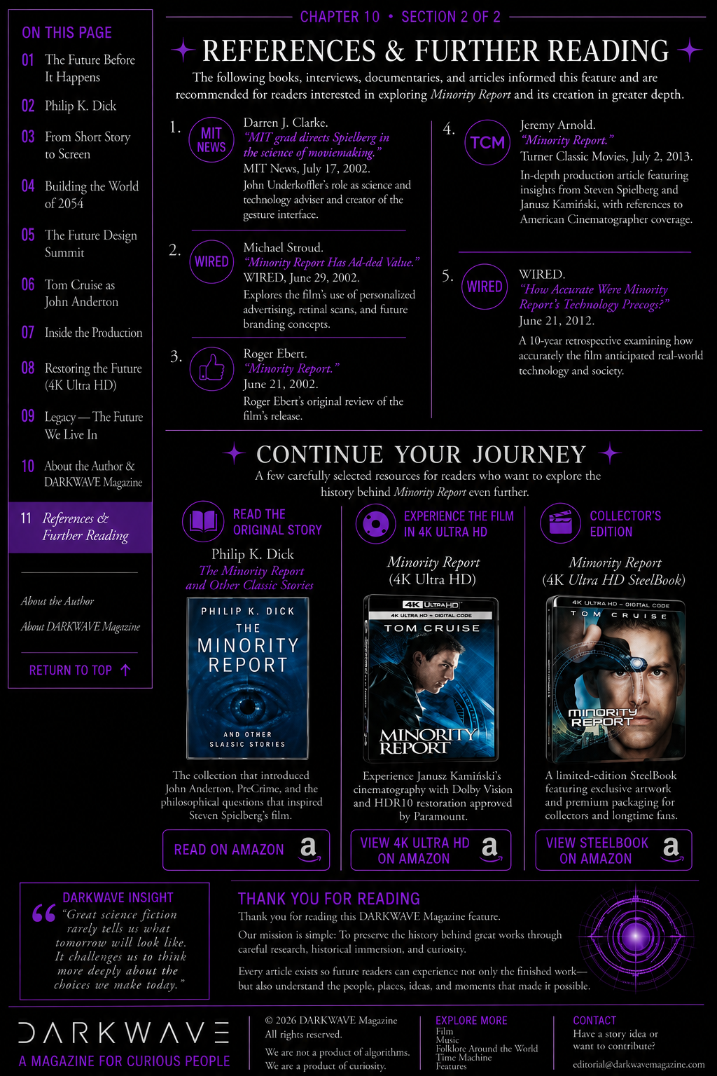 References and Further Reading page from DARKWAVE Magazine’s Steven Spielberg Minority Report feature, including Philip K. Dick’s The Minority Report, the Minority Report 4K Ultra HD edition, and the 4K Ultra HD SteelBook.