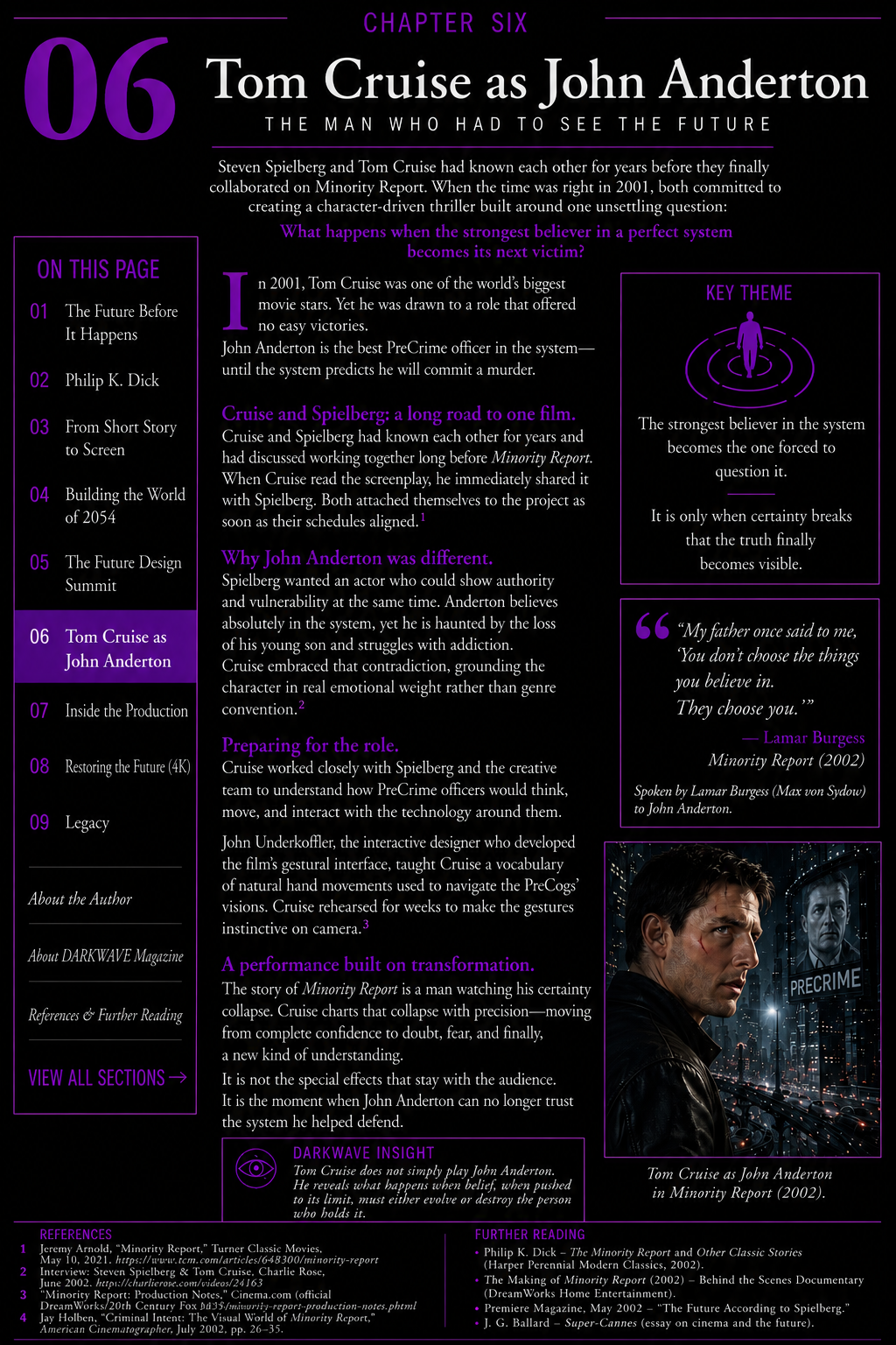 Tom Cruise as John Anderton in Steven Spielberg’s Minority Report (2002) featured in DARKWAVE Magazine Chapter 6.